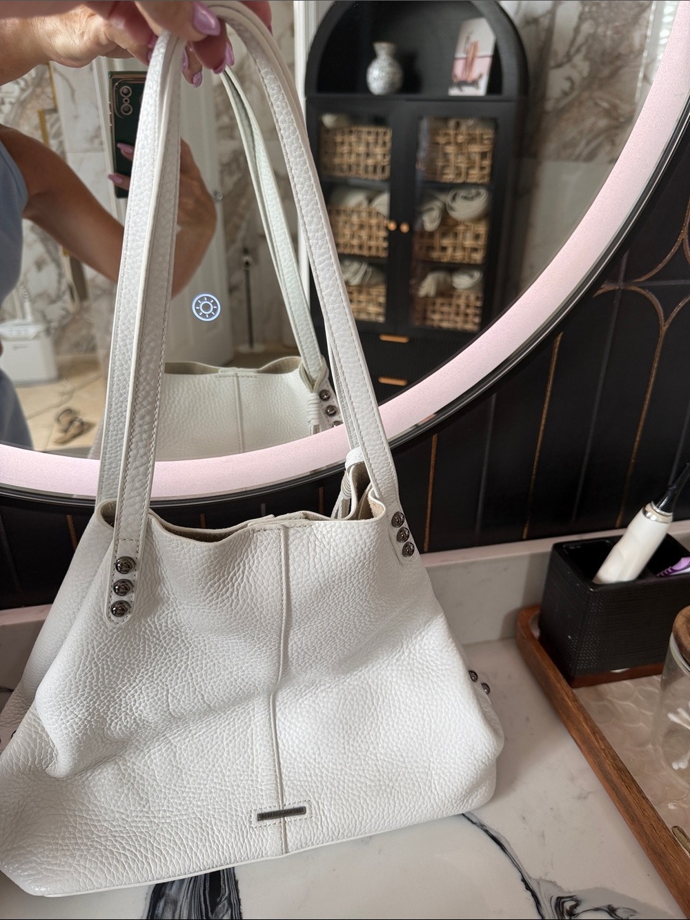 Rebecca Minkoff White Pebbled Leather Shoulder Bag and pouch